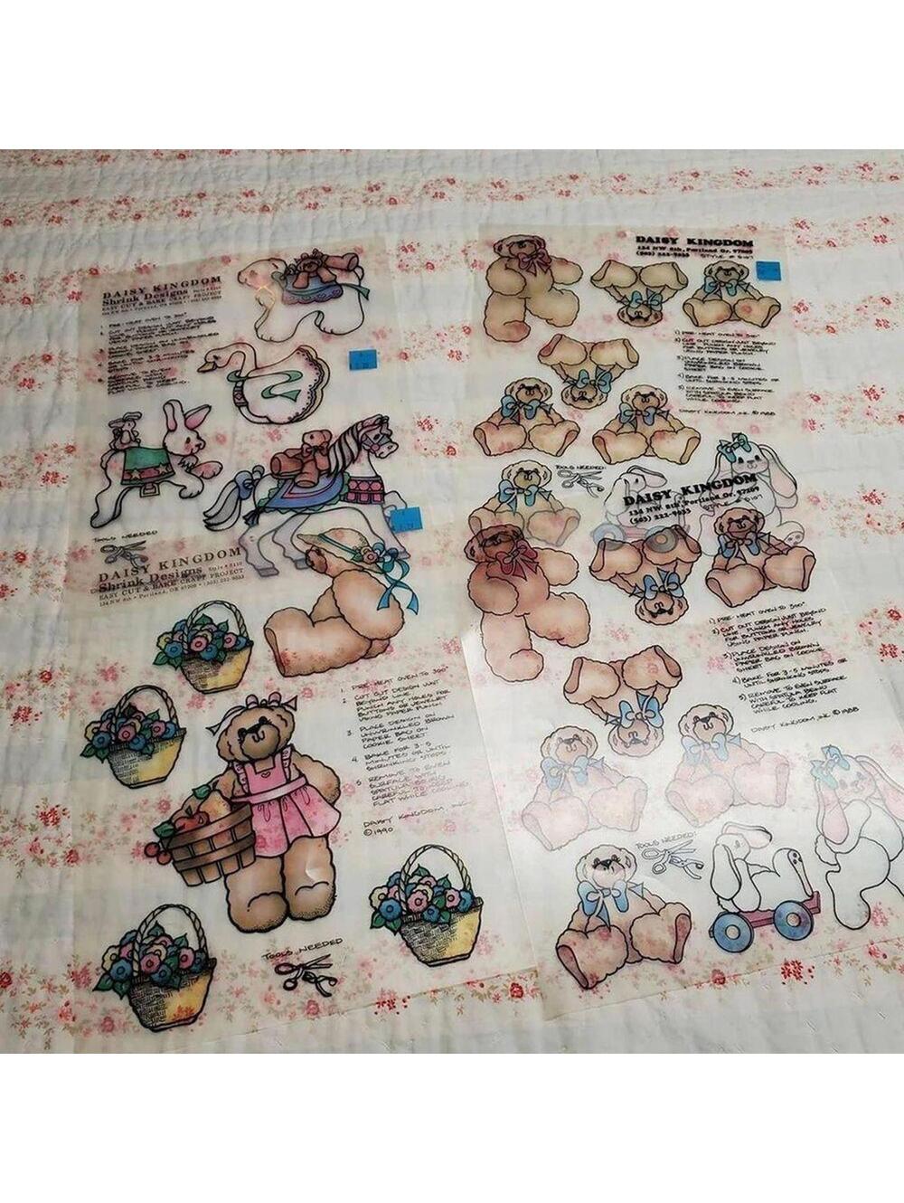 Vintage Daisy Kingdom Shrinky Dinks Fabric Panel Set of 4 Bear & Basket Designs